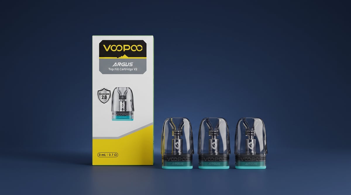 VooPoo Argus Top Fill V2 Replacement Pod Cartridges on blue background