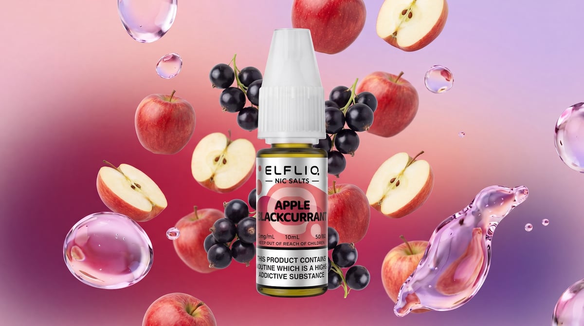 ElfLiq Nic Salt Banner colourful background with apples and blackcurrents.