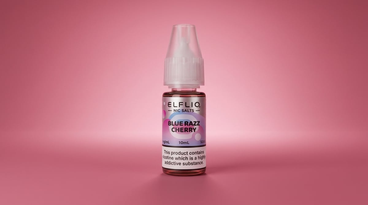 Elfliq Blue Razz Cherry nic salt on a pink background